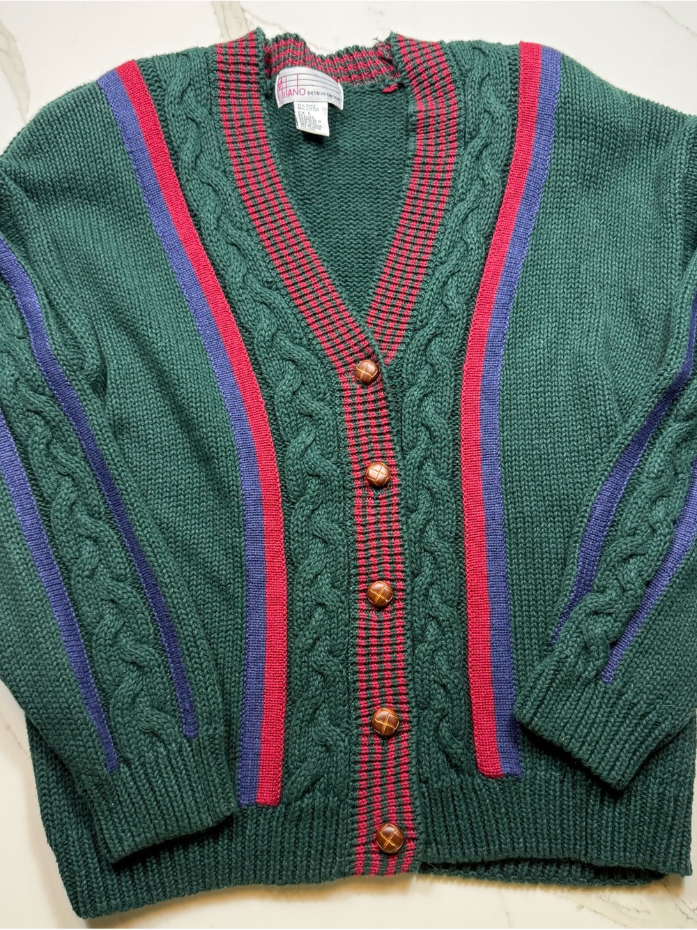 Vintage Inspired Green Cable Knit Cardigan with Red & Blue Stripes